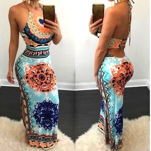 Women Elegant Halter Sleeveless Slim Split Backless Sexy  Dress